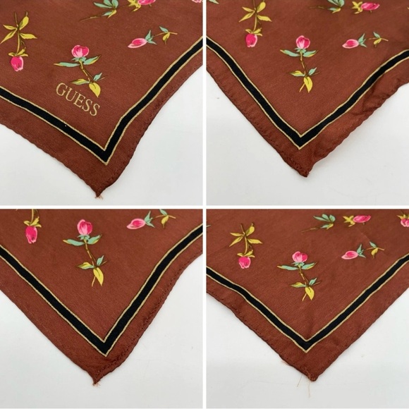 Guess Flower Pattern Brown Silk Square Scarf - Picture 2 of 7